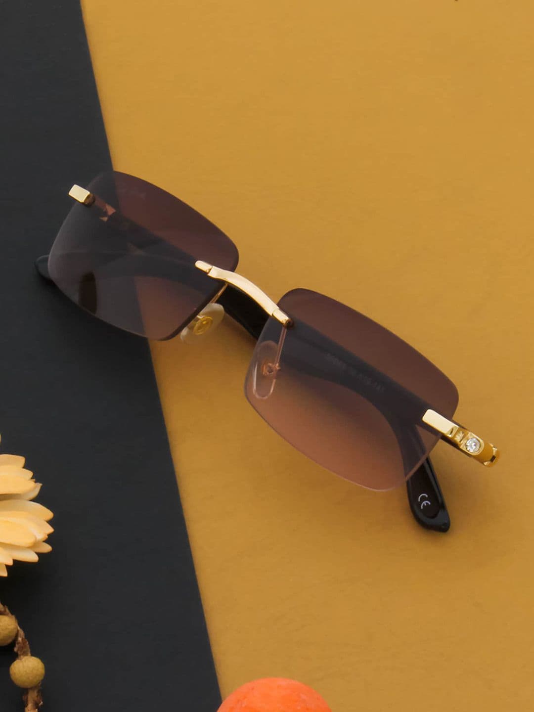 Ted Smith Unisex Brown-Pink UV Protected Lens Rimless Rectangle Sunglasses