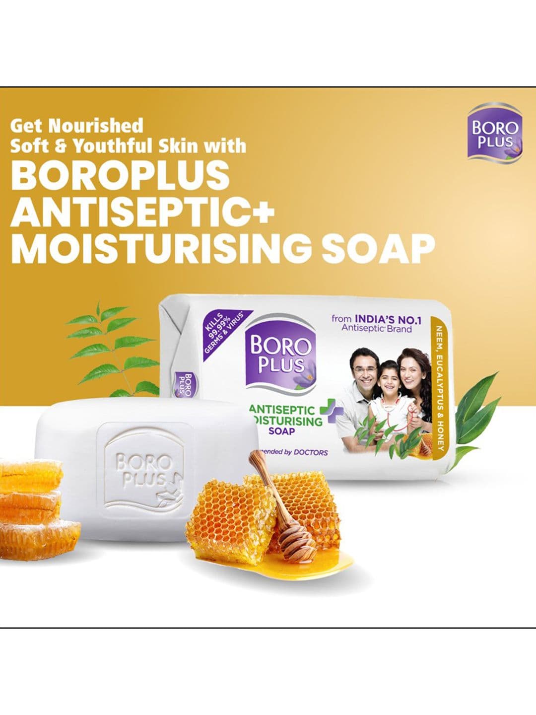 BOROPLUS Set of 8 Antiseptic Moisturising Soap With Neem, Eucalyptus & Honey - 125g Each