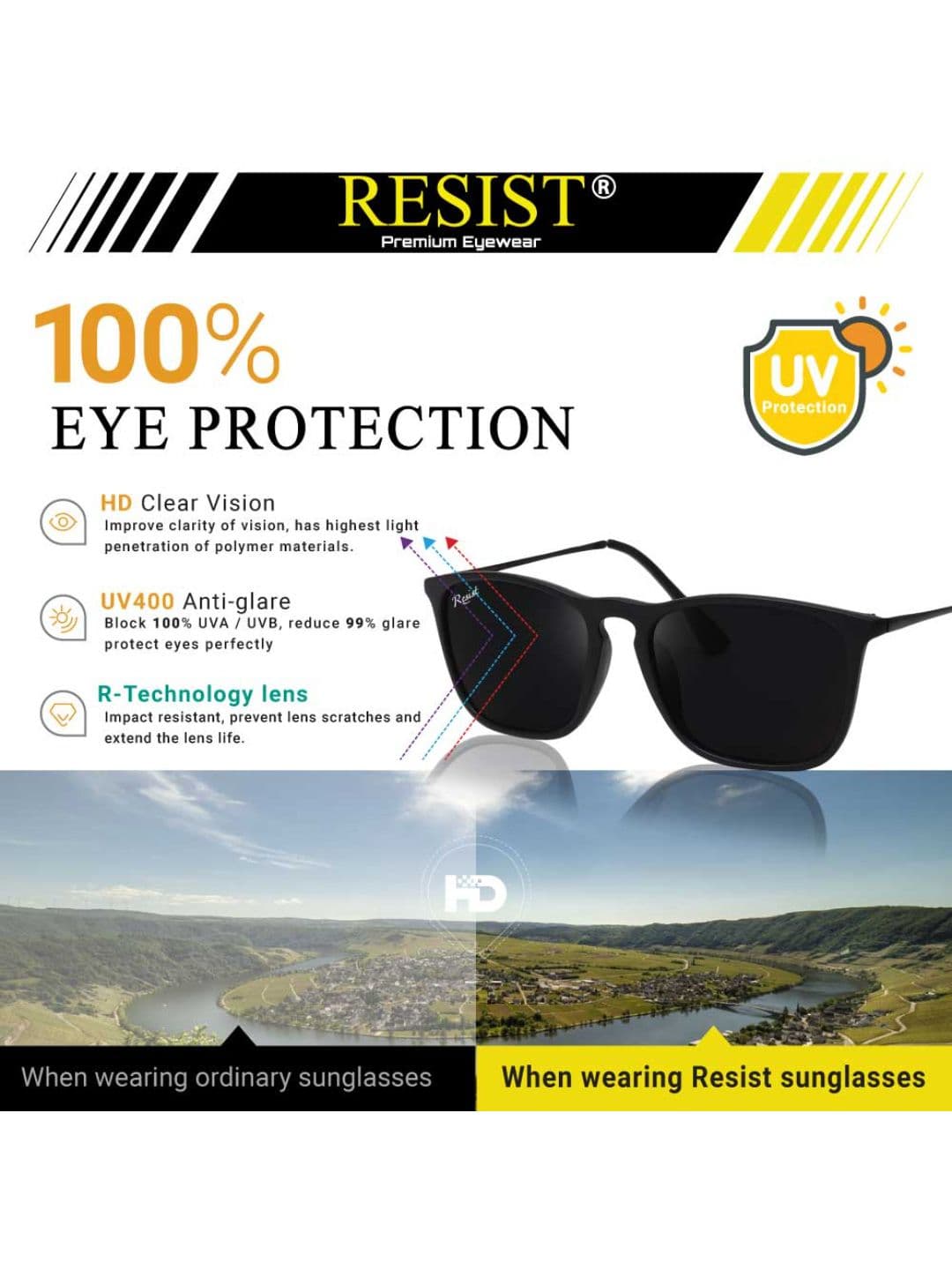 RESIST EYEWEAR UNISEX Black UV Protected Wayfarer Sunglasses