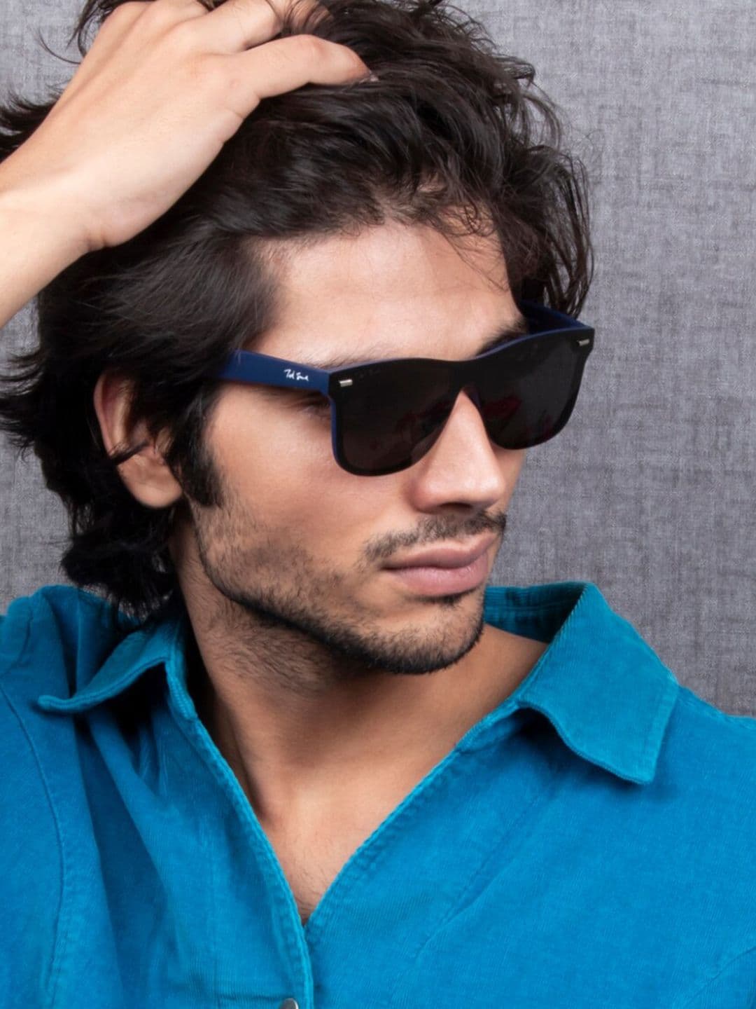 Ted Smith Unisex Blue Wayfarer Rimless Sunglasses With Polarized Lens