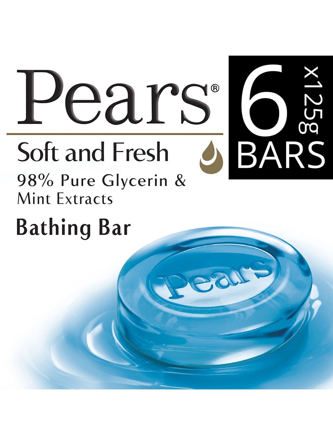 Pears Set of 6 Soft & Fresh Bathing Bar with 98% Pure Glycerine & Mint Extract - 125g each