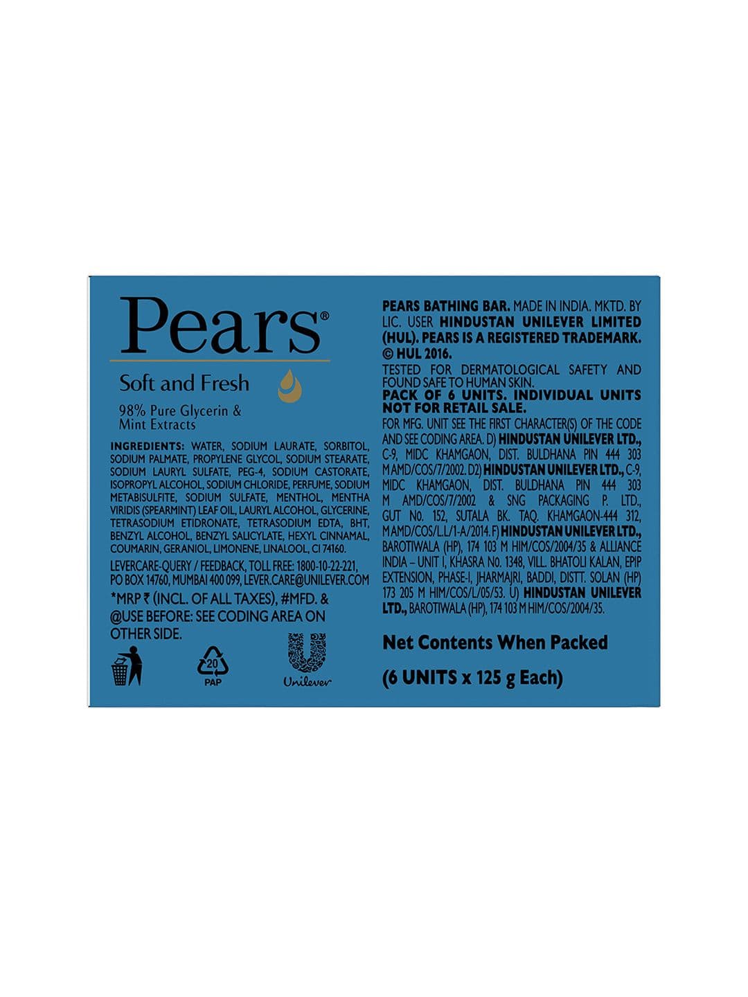 Pears Set of 6 Soft & Fresh Bathing Bar with 98% Pure Glycerine & Mint Extract - 125g each