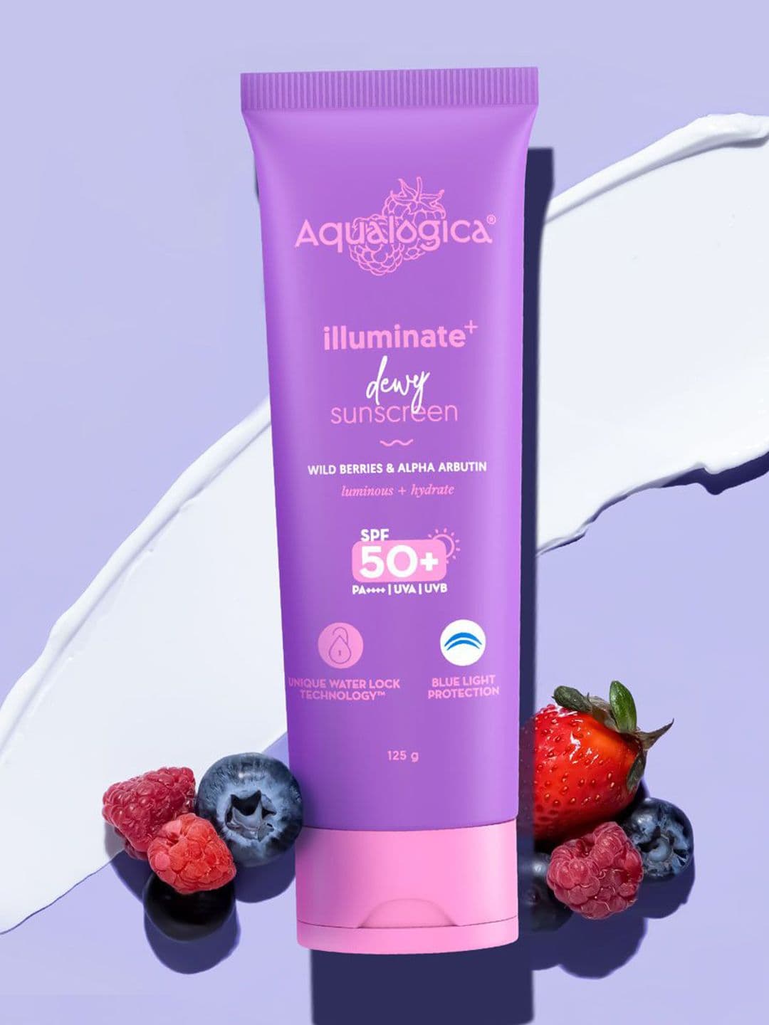 Aqualogica Wild Berries & Alpha Arbutin Illuminate+ Dewy Sunscreen SPF50+ PA++++ 125g