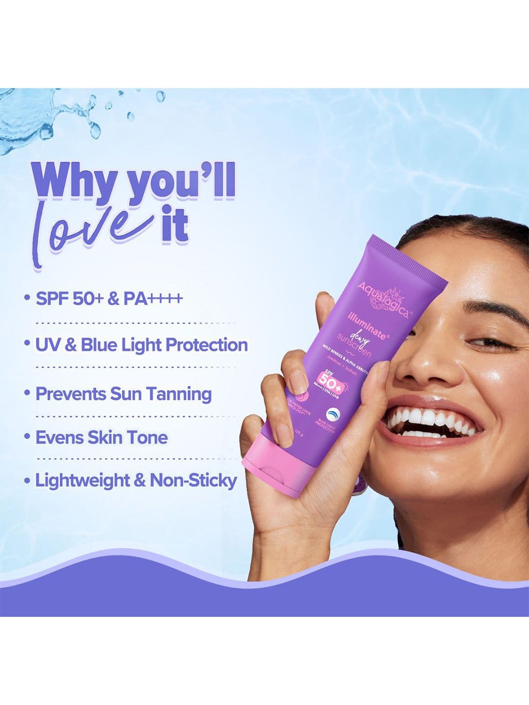 Aqualogica Wild Berries & Alpha Arbutin Illuminate+ Dewy Sunscreen SPF50+ PA++++ 125g