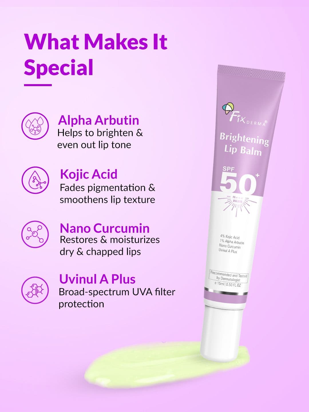 FIXDERMA 4% Kojic Acid SPF 50+PA+++ Brightening LipBalm With 1%Alpha Arbutin 15ml - Purple