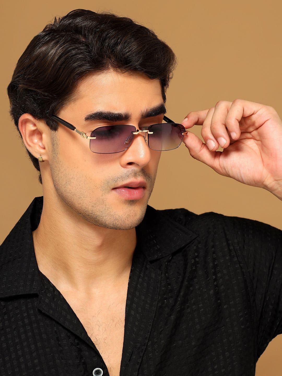 Voyage Rimless Sunglasses for Men & Women (Purple & Clear Lens | Golden Frame - MG6619)