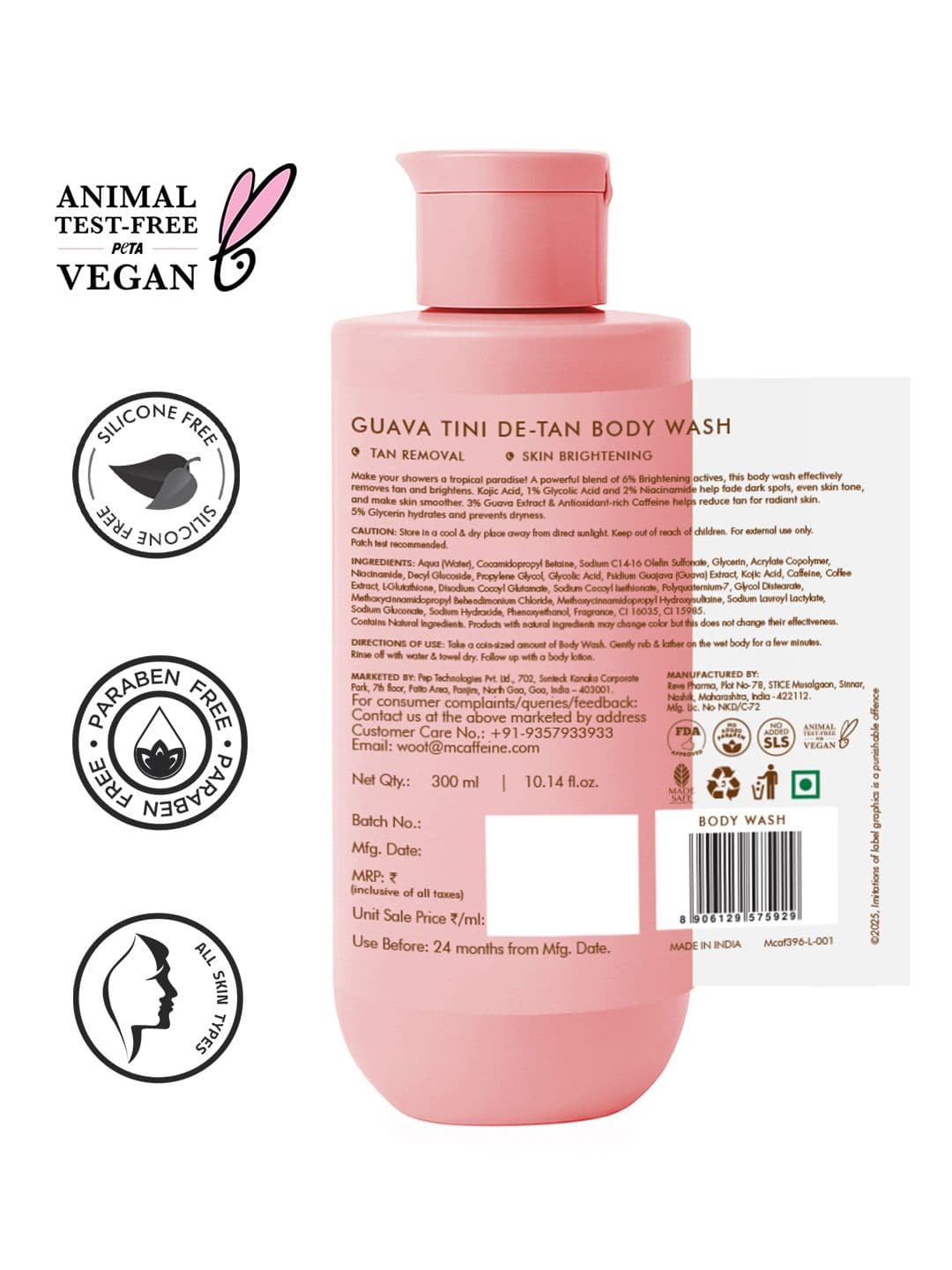 MCaffeine Detan Body Wash with 1% Glycolic 5% Niacinamide-Kojic Acid for Dark Spots -300ml