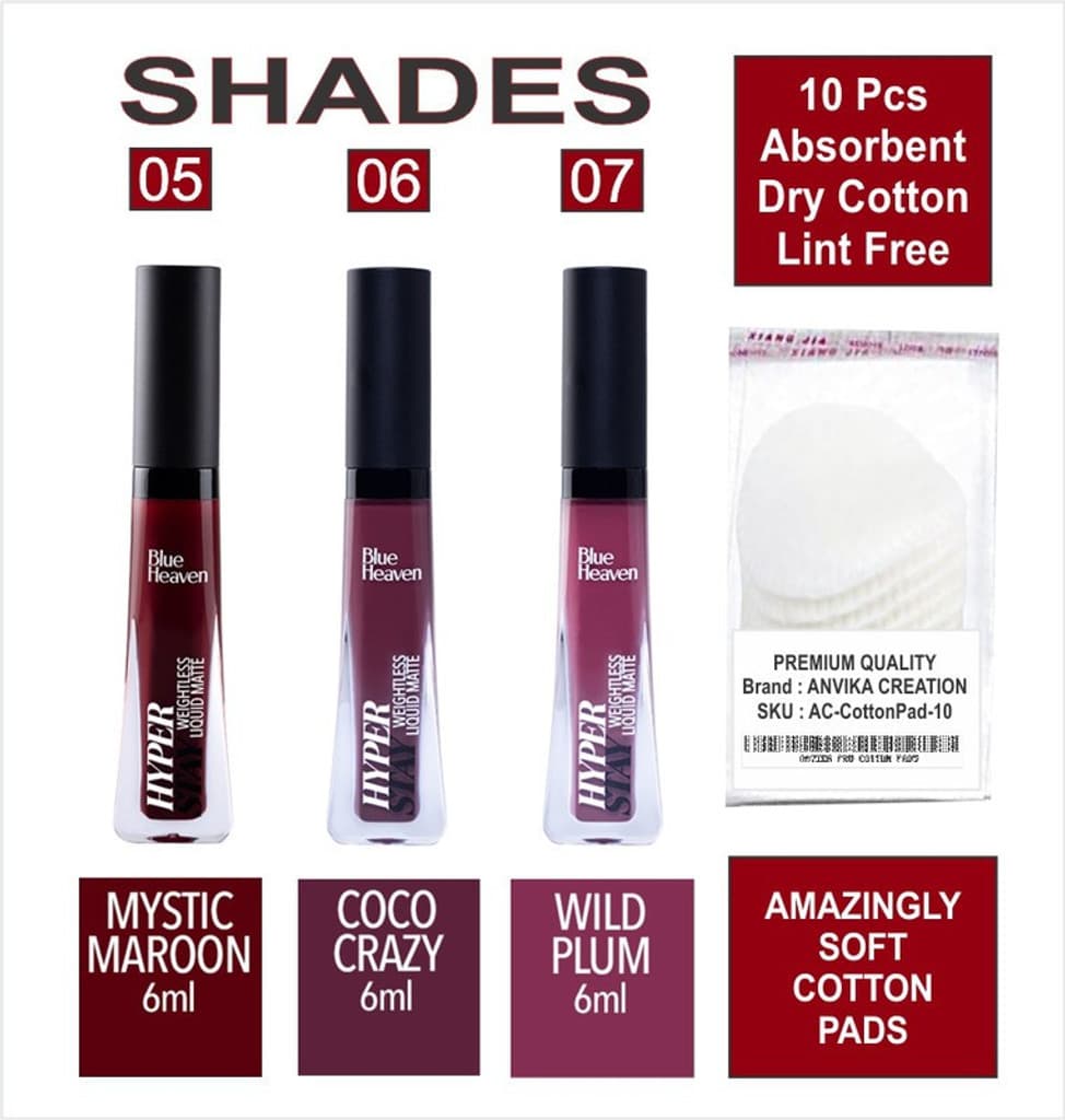BLUE HEAVEN Hyper Stay Combo Liquid Matte Lipstick Shades-5-6-7 + Cotton Pad (10pcs)