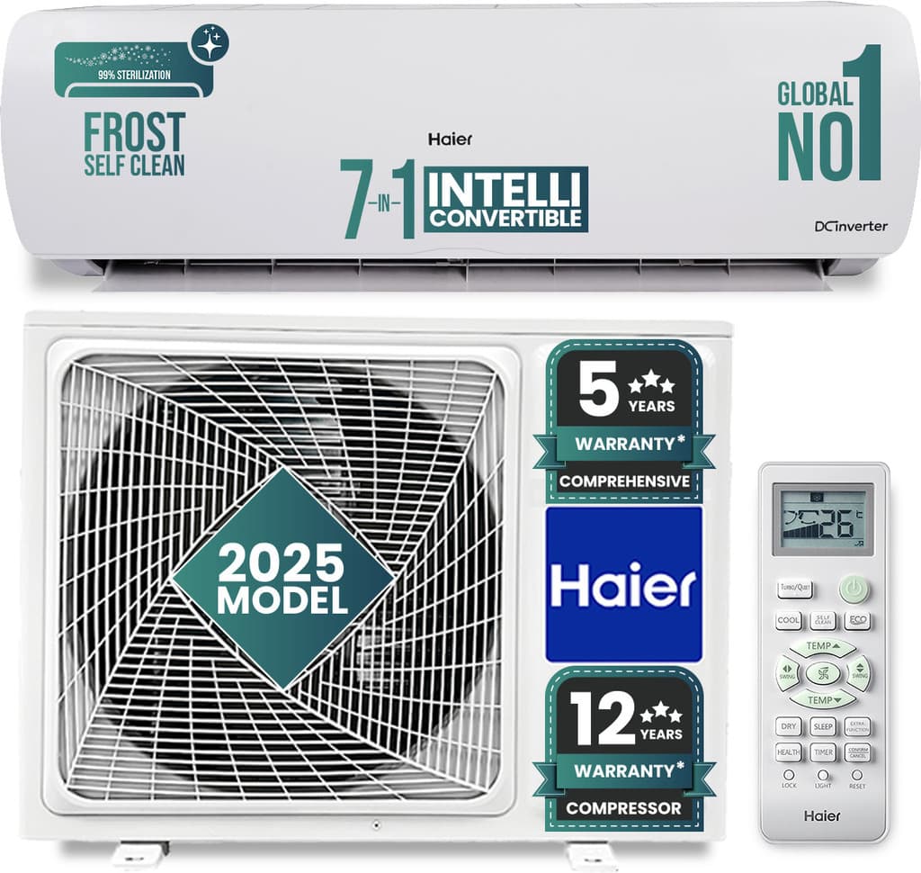 Haier 2025 Model 1.5 Ton 5 Star Split Inverter Intelli-Convertible 7 in1 ConvertibleHD Filter, Frost Self Clean, Upto 20 M air Flow, Hyper PCB AC