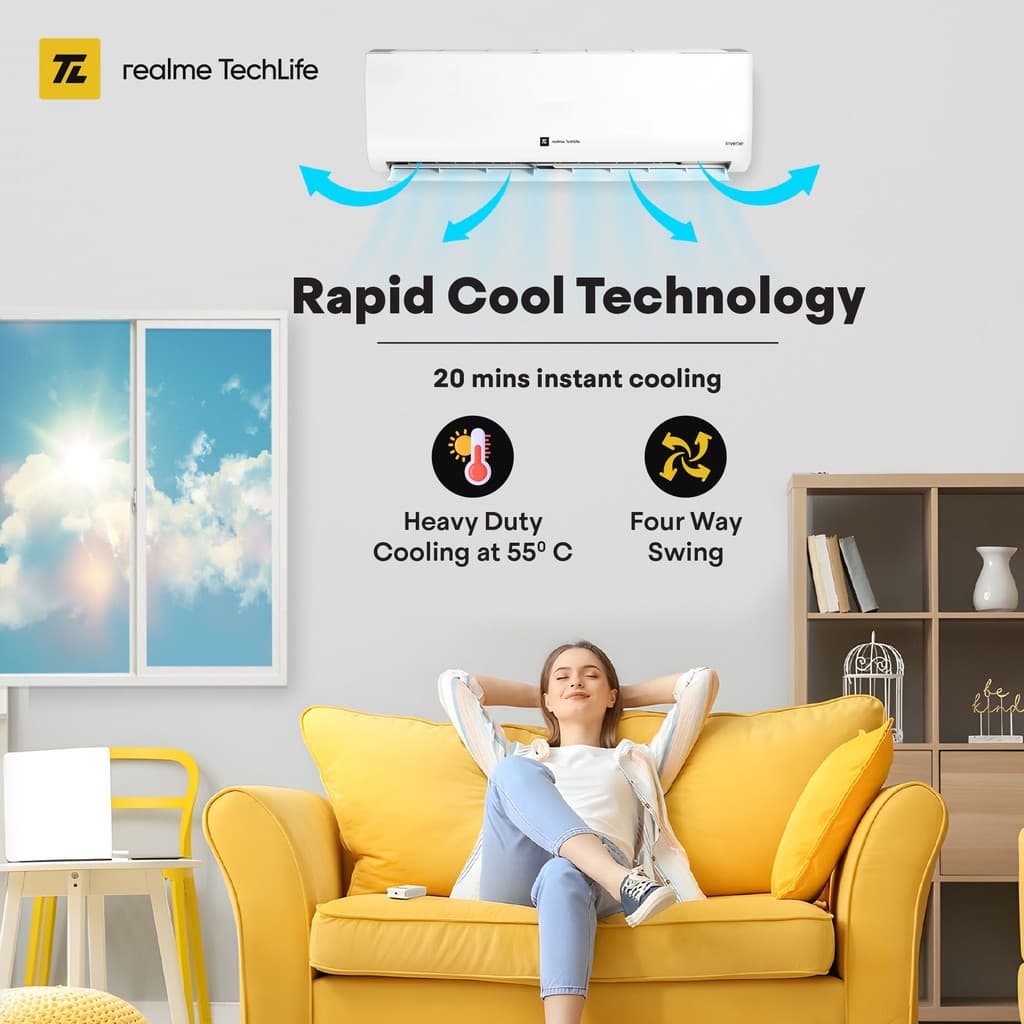 realme TechLife 2025 Model 1 Ton 5 Star Split Inverter with Wi-fi 5-in-1 Convertible with Rapid Cool Smart Technology AC