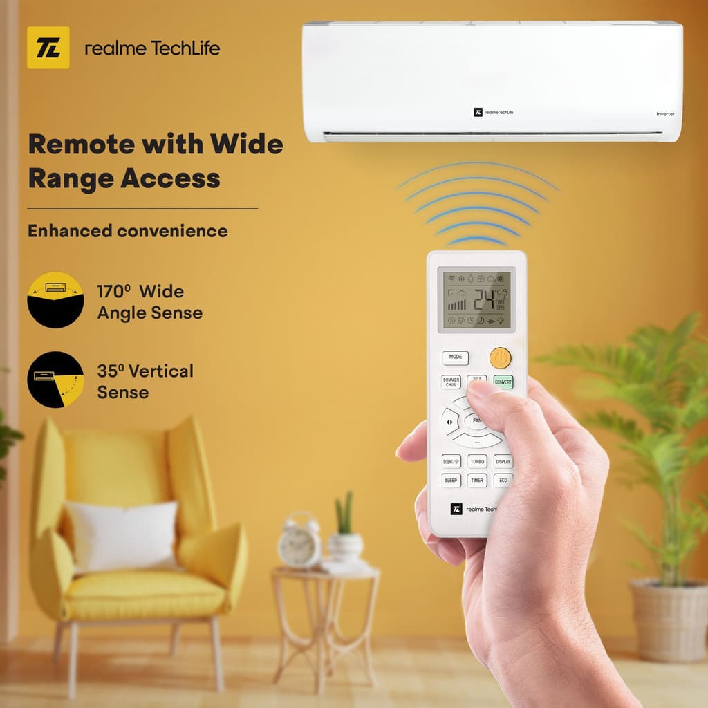 realme TechLife 2025 Model 1 Ton 5 Star Split Inverter with Wi-fi 5-in-1 Convertible with Rapid Cool Smart Technology AC