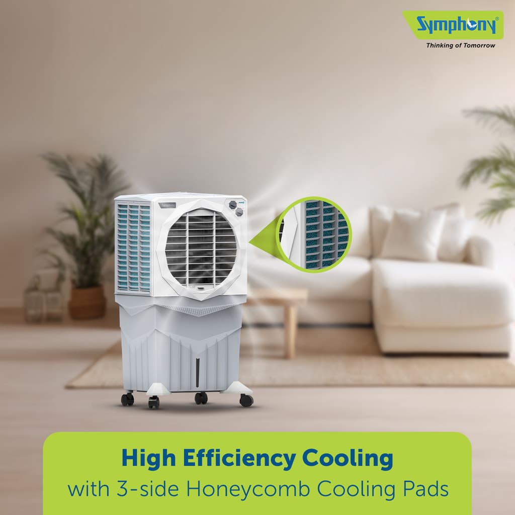 Symphony 75 L Desert Air Cooler with 3 side Honeycomb Cooling Pad CFD Technology Inverter Compatible