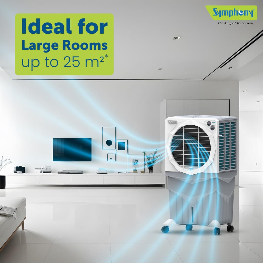 Symphony 75 L Desert Air Cooler with 3 side Honeycomb Cooling Pad CFD Technology Inverter Compatible
