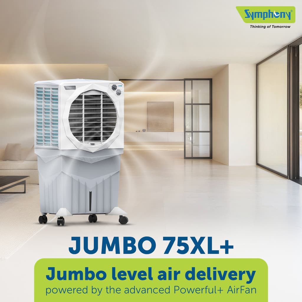 Symphony 75 L Desert Air Cooler with 3 side Honeycomb Cooling Pad CFD Technology Inverter Compatible