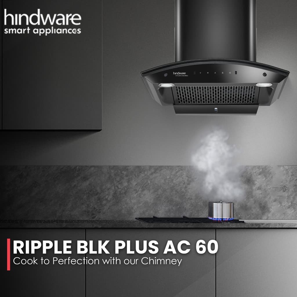 Hindware Smart Appliances Ripple Blk Plus Autoclean 60 IN Auto Clean | Curved Glass | Filterless | Touch Control | Motion Sensor | 10 Years Motor Warranty | Energy Efficient LED Light | Powerful Suction | Wall Mounted Black 1500 CMH Chimney