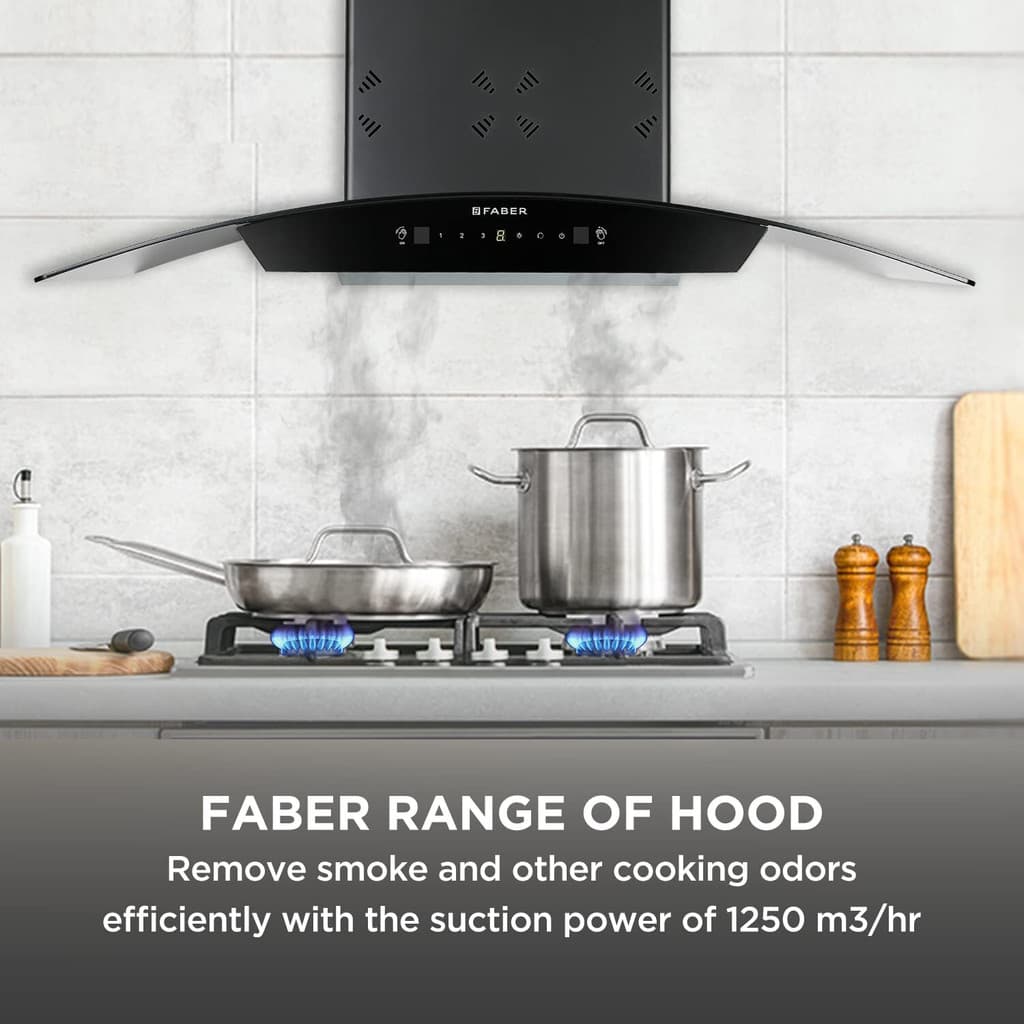 FABER HOOD ORIENT 3D IN HC SC FL BK 90 Auto Clean Curved Glass 90 cm| Touch & Gesture Control| Autoclean| Filterless|Powerful 3 way suction| Low Noise Wall Mounted Black 1400 CMH Chimney