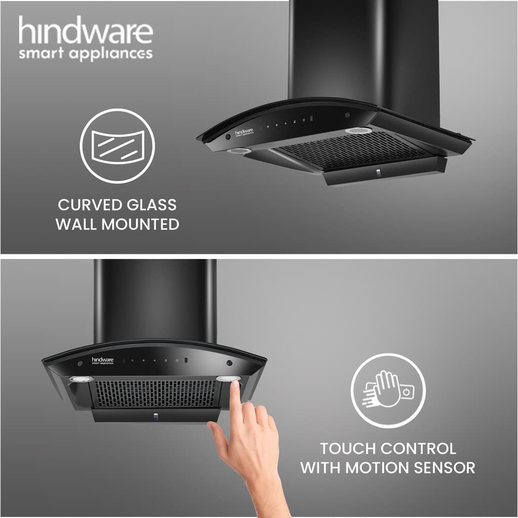 Hindware Smart Appliances Ripple Blk Plus Autoclean 60 IN Auto Clean | Curved Glass | Filterless | Touch Control | Motion Sensor | 10 Years Motor Warranty | Energy Efficient LED Light | Powerful Suction | Wall Mounted Black 1500 CMH Chimney