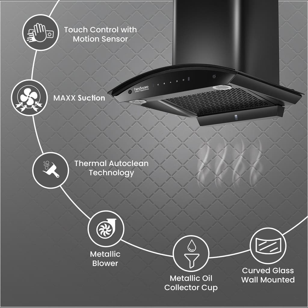 Hindware Smart Appliances Ripple Blk Plus Autoclean 60 IN Auto Clean | Curved Glass | Filterless | Touch Control | Motion Sensor | 10 Years Motor Warranty | Energy Efficient LED Light | Powerful Suction | Wall Mounted Black 1500 CMH Chimney