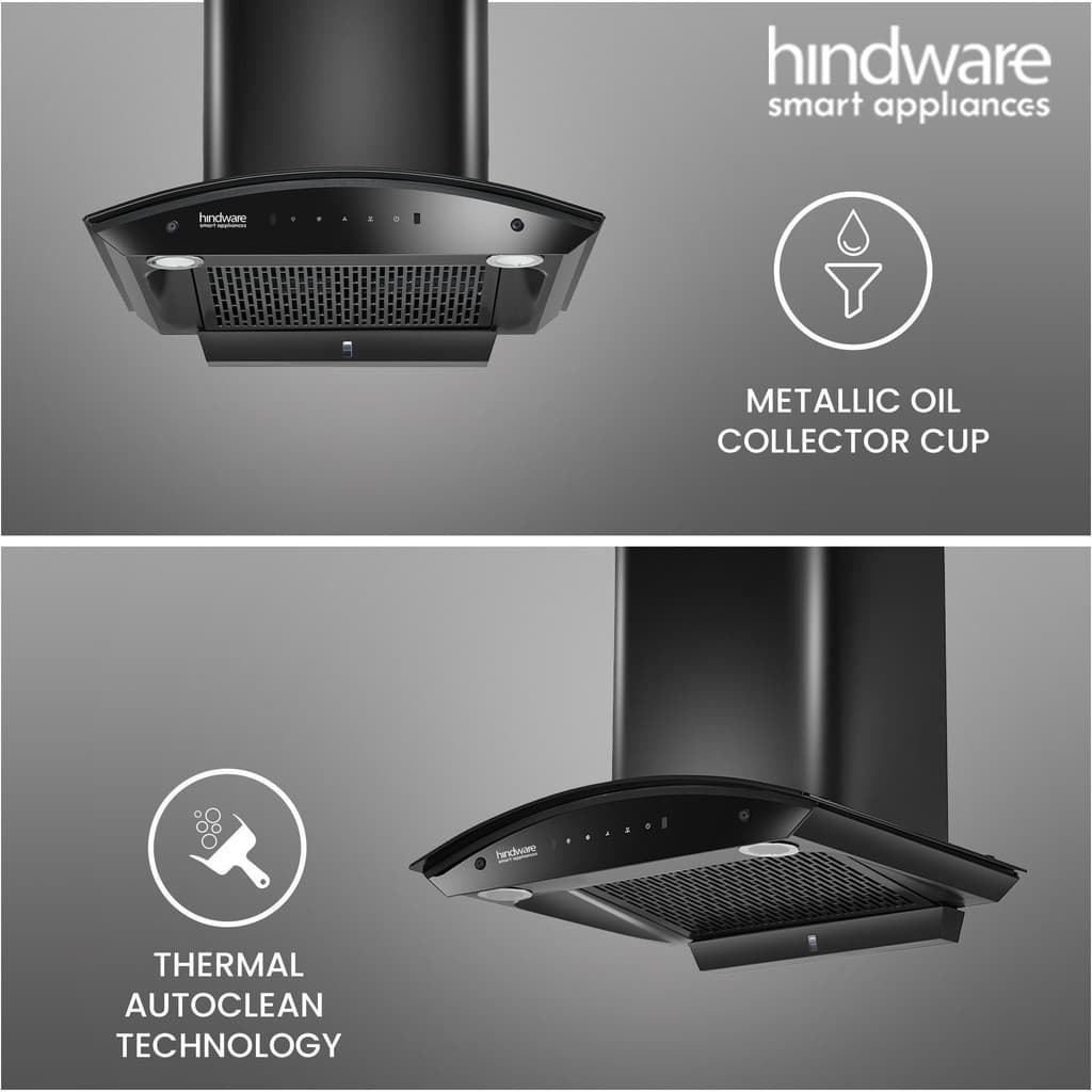 Hindware Smart Appliances Ripple Blk Plus Autoclean 60 IN Auto Clean | Curved Glass | Filterless | Touch Control | Motion Sensor | 10 Years Motor Warranty | Energy Efficient LED Light | Powerful Suction | Wall Mounted Black 1500 CMH Chimney