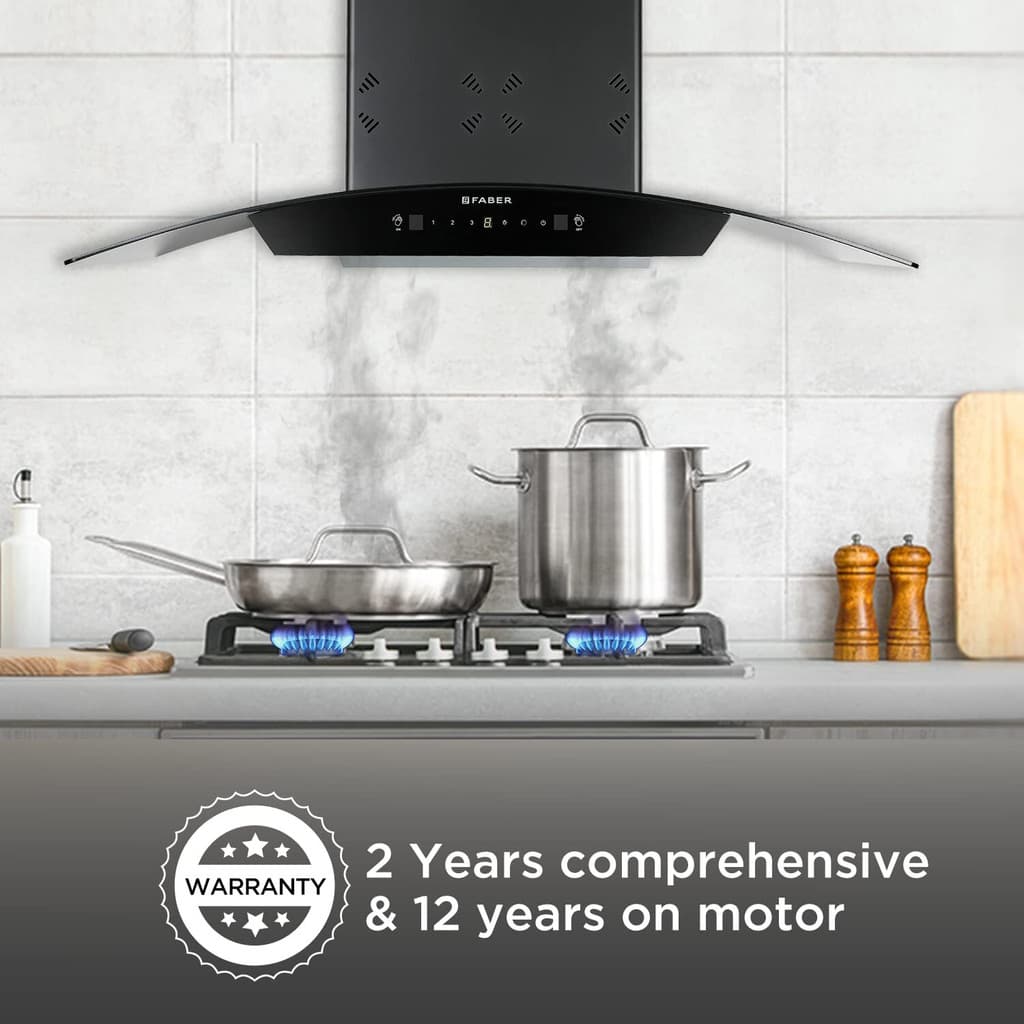 FABER HOOD ORIENT 3D IN HC SC FL BK 90 Auto Clean Curved Glass 90 cm| Touch & Gesture Control| Autoclean| Filterless|Powerful 3 way suction| Low Noise Wall Mounted Black 1400 CMH Chimney