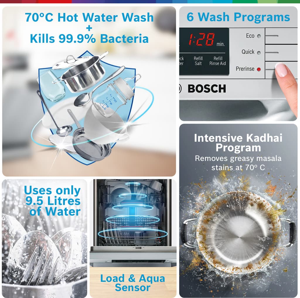 BOSCH SMS66GI01I Free Standing 13 Place Settings Intensive Kadhai Cleaning| No Pre-rinse Required Dishwasher