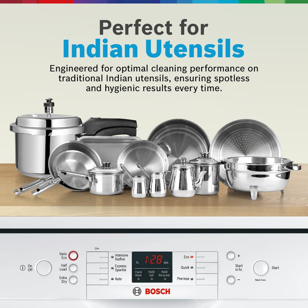 BOSCH SMS66GW01I Free Standing 13 Place Settings Intensive Kadhai Cleaning| No Pre-rinse Required Dishwasher