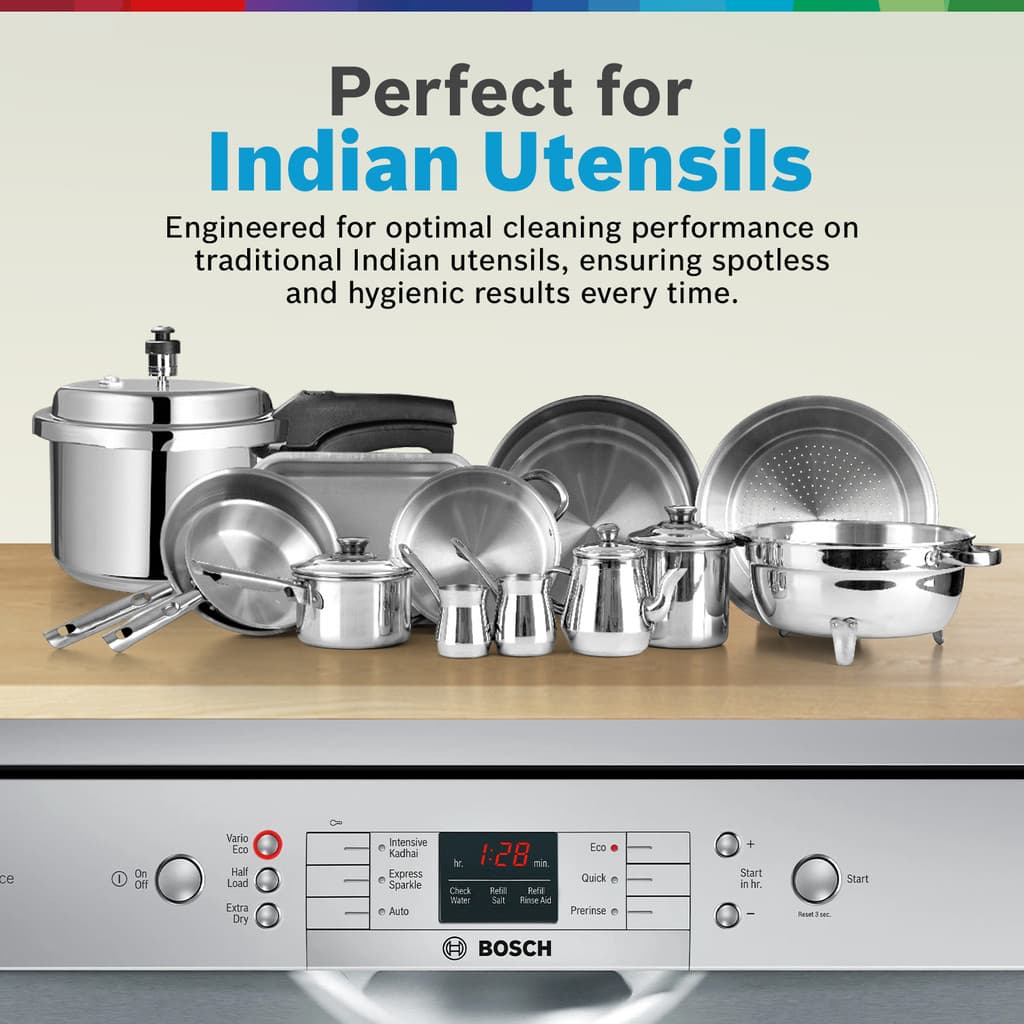 BOSCH SMS66GI01I Free Standing 13 Place Settings Intensive Kadhai Cleaning| No Pre-rinse Required Dishwasher