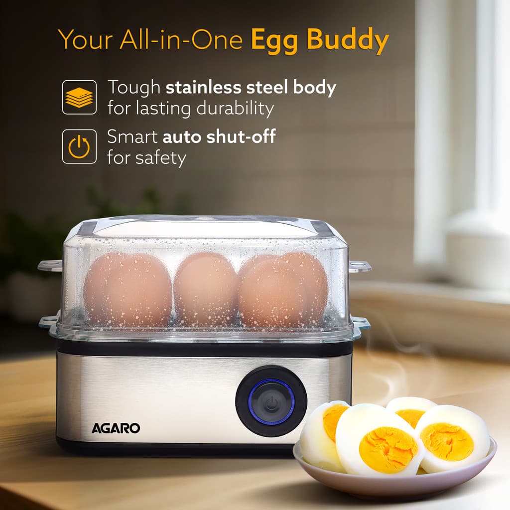 AGARO 3 Boiling Modes, Stainless Steel Body, Transparent Lid, 500 Watts Grand Egg Boiler And Poacher,2-in1 Boils 8 Eggs, Poach 4 Eggs, Egg Cooker