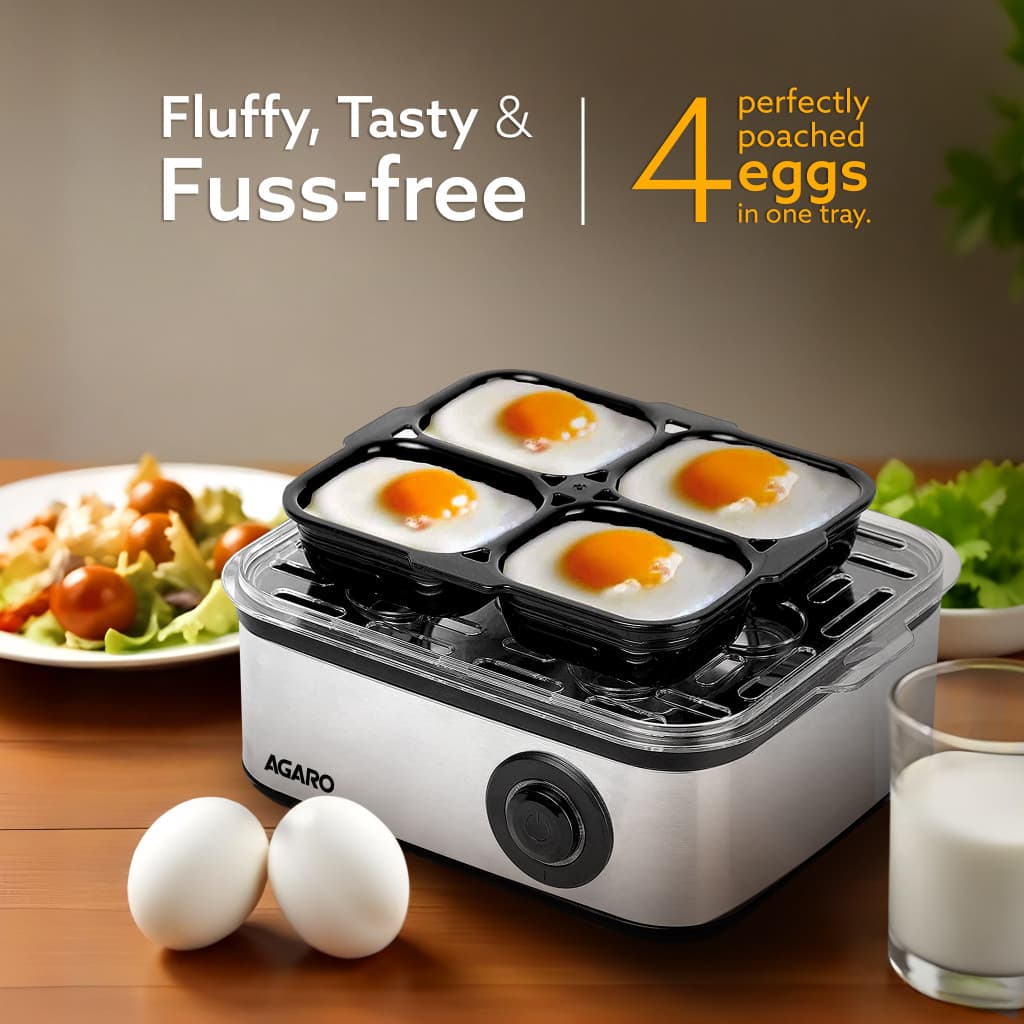 AGARO 3 Boiling Modes, Stainless Steel Body, Transparent Lid, 500 Watts Grand Egg Boiler And Poacher,2-in1 Boils 8 Eggs, Poach 4 Eggs, Egg Cooker
