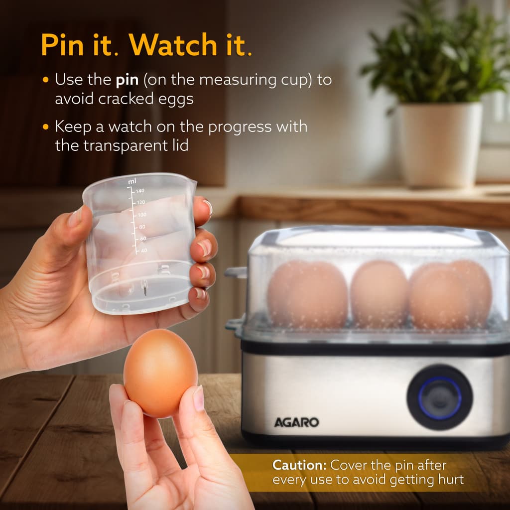 AGARO 3 Boiling Modes, Stainless Steel Body, Transparent Lid, 500 Watts Grand Egg Boiler And Poacher,2-in1 Boils 8 Eggs, Poach 4 Eggs, Egg Cooker