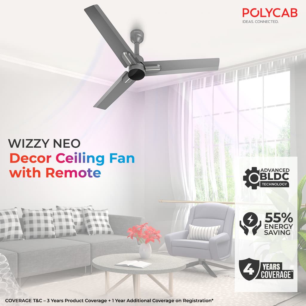 Polycab Wizzy Neo with 3 Year Warranty BLDC Motor with Remote 1200 mm Ceiling Fan