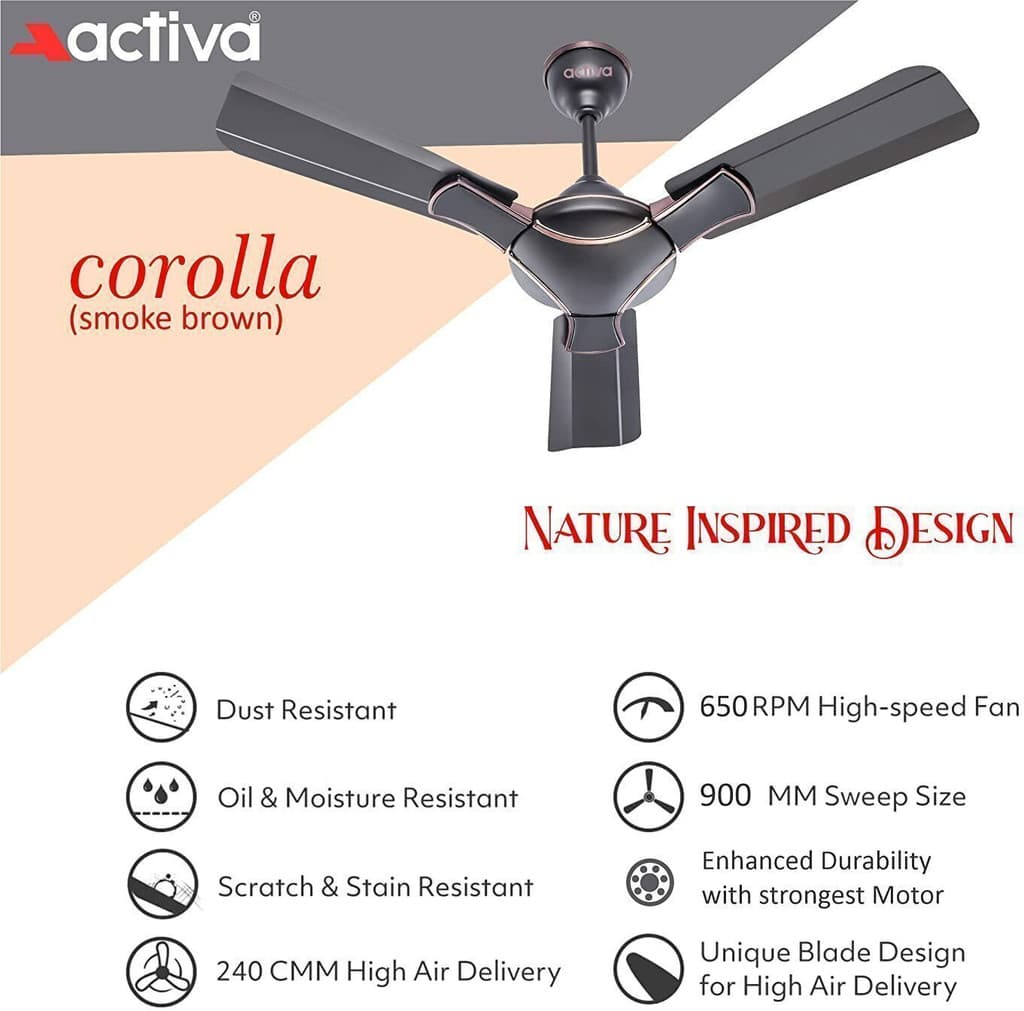 ACTIVA Corolla 36 Inch Smoke Brown 650 RPM with 2 Year Warranty 900 mm Ceiling Fan