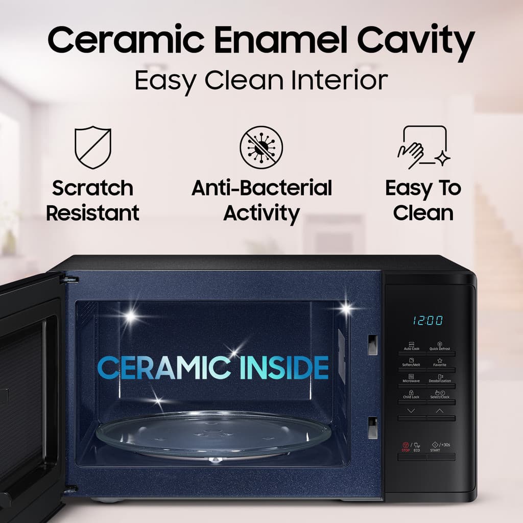 Samsung 23 L Auto Cook Programs, Child Safety Lock, Memory Feature, Deodorization Solo Microwave Oven