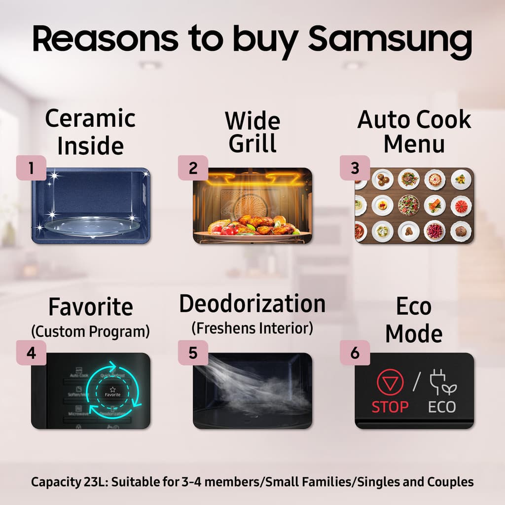 Samsung 23 L Auto Cook Programs, Child Safety Lock, Memory Feature, Deodorization Solo Microwave Oven
