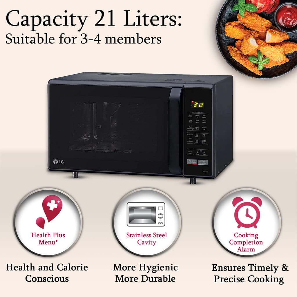 LG 21 L Black, Auto Cook Menu, Defrost, Stainless Steel Cavity, Heathplus menu, Indian Cuisine, Tandoor Se, Paneer/Curd, Steam Clean & Quartz Heater) Convection Microwave Oven