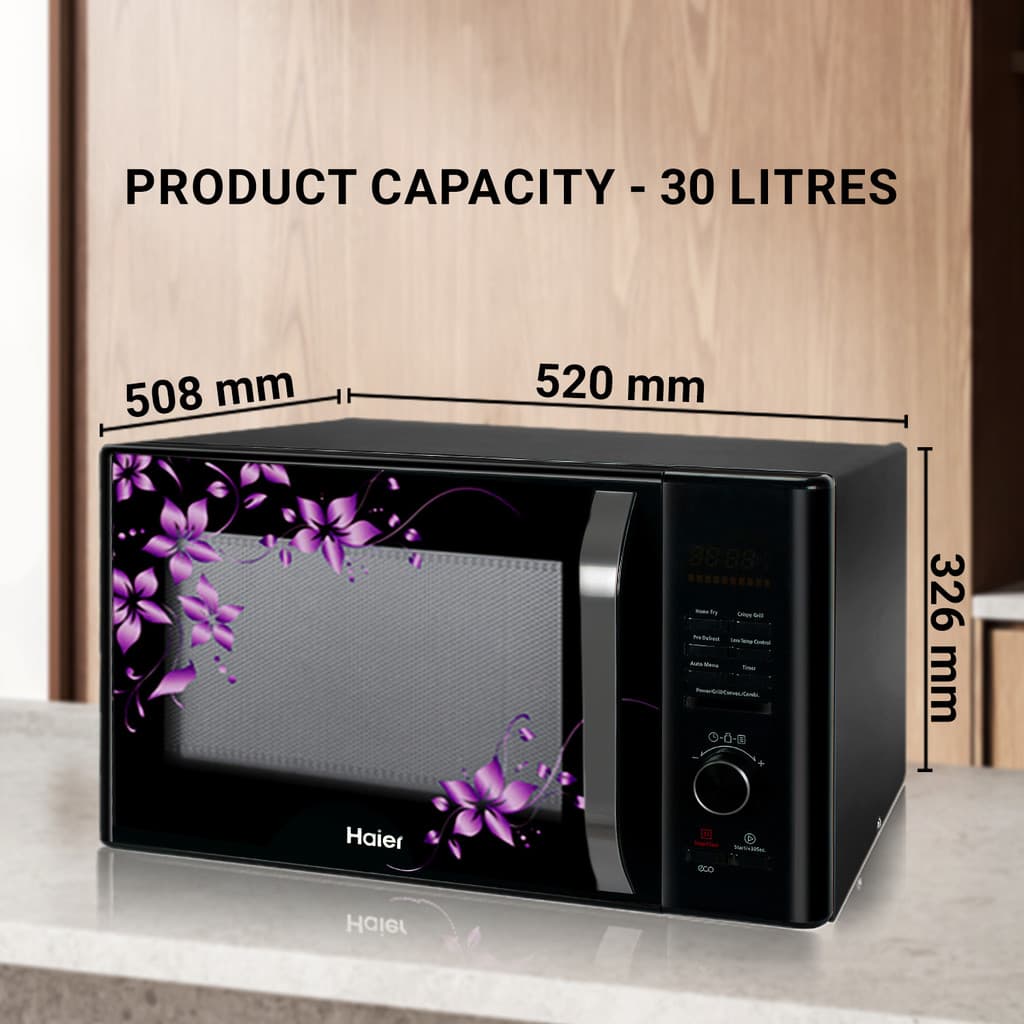 Haier 30 L 400 Auto cook Menus, 5 Power Levels, Home Fry Menus, Low Temp Control Cooking, Additional back Fan For better Baking, 4 Combination Cooking, Multistage Cooking, Auto Defrost, Child Lock Convection Microwave Oven