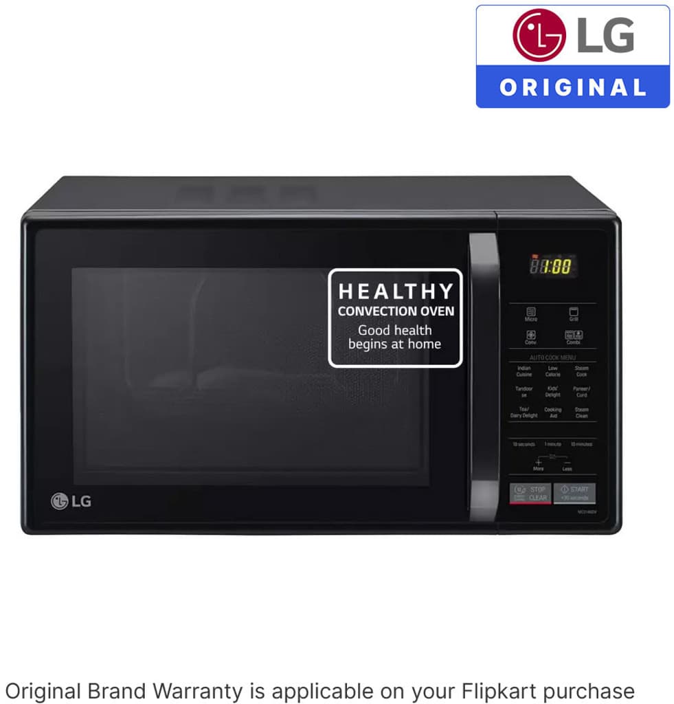 LG 21 L Black, Auto Cook Menu, Defrost, Stainless Steel Cavity, Heathplus menu, Indian Cuisine, Tandoor Se, Paneer/Curd, Steam Clean & Quartz Heater) Convection Microwave Oven