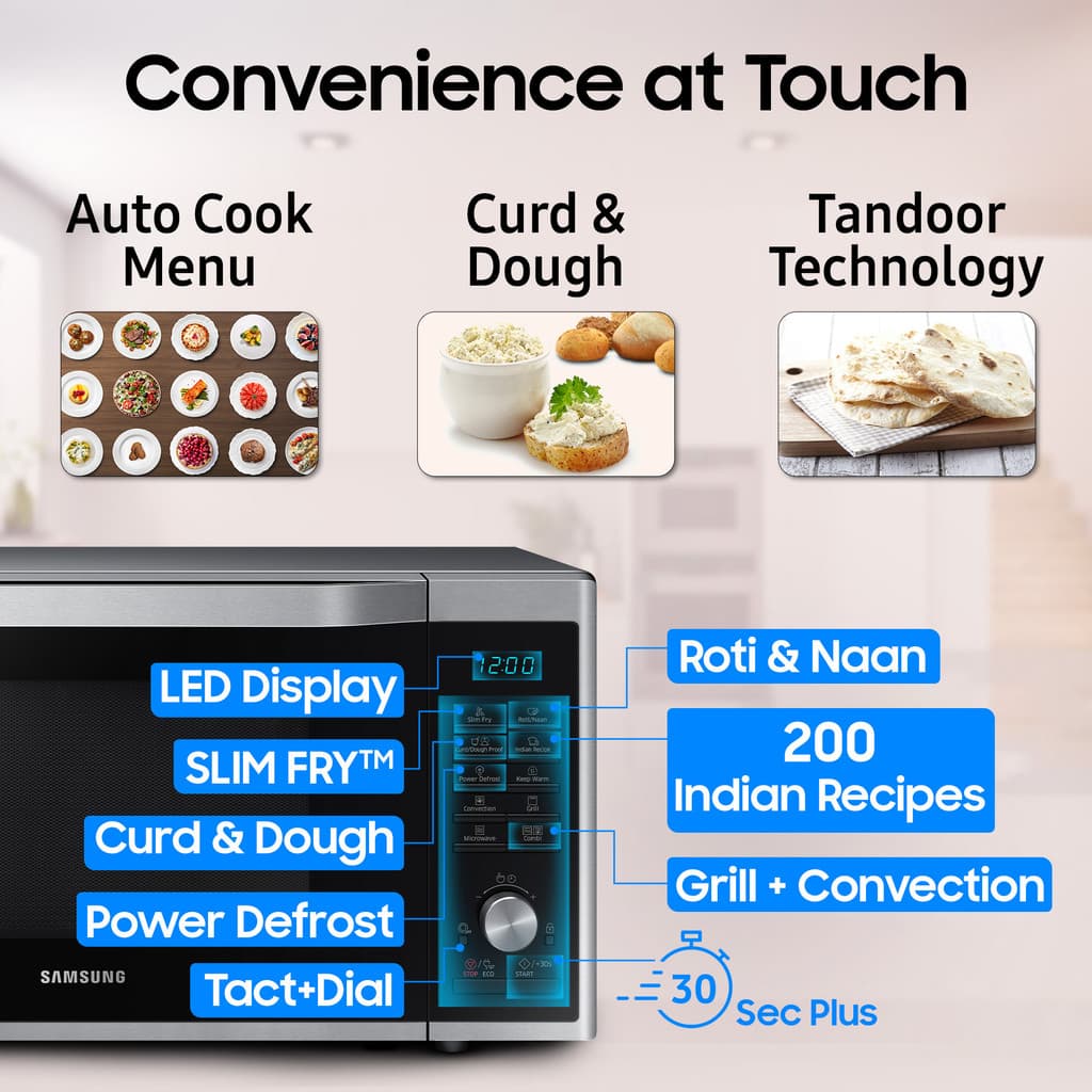 Samsung 32 L Slim Fry, Curd Making, Ceramic Enamel Cavity, Drop down door Convection Microwave Oven