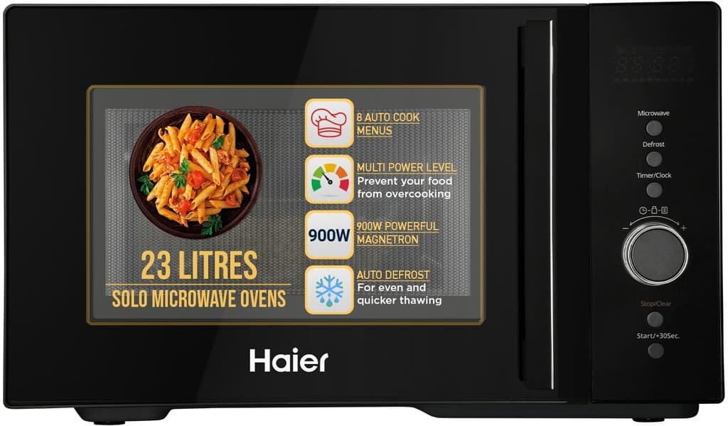 Haier 23 L 900 Watt Magnetron, 5 Power Levels, 8 Auto Cook Menus Solo Microwave Oven