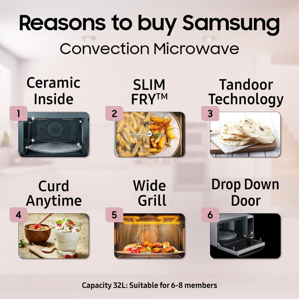 Samsung 32 L Slim Fry, Curd Making, Ceramic Enamel Cavity, Drop down door Convection Microwave Oven