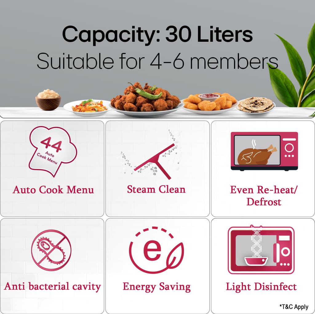 LG 30 L Auto Cook Menu, Child Lock, Energy Saving, Anti bacterial cavity, Steam Clean, Solo Microwave Oven
