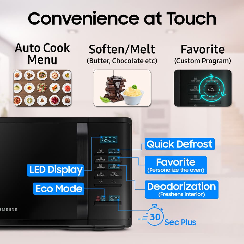Samsung 23 L Auto Cook Programs, Child Safety Lock, Memory Feature, Deodorization Solo Microwave Oven