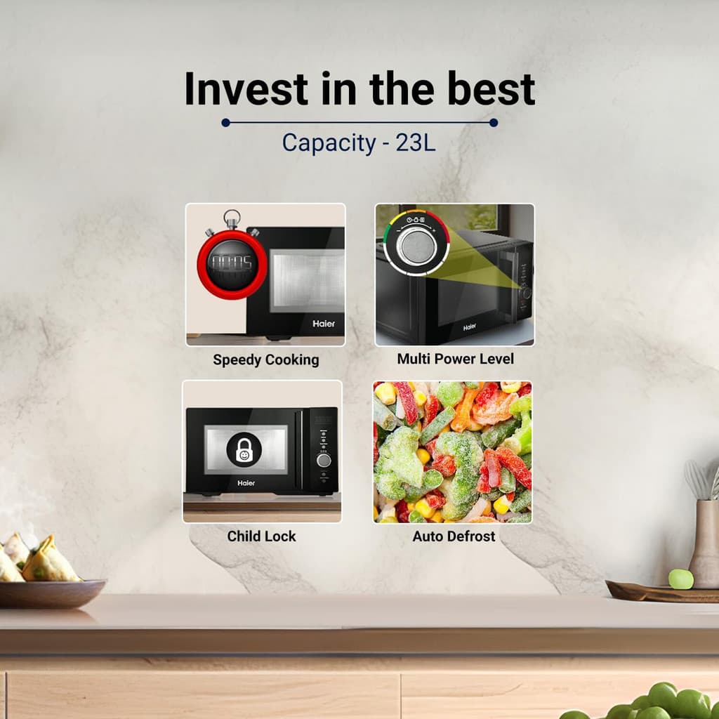 Haier 23 L 900 Watt Magnetron, 5 Power Levels, 8 Auto Cook Menus Solo Microwave Oven