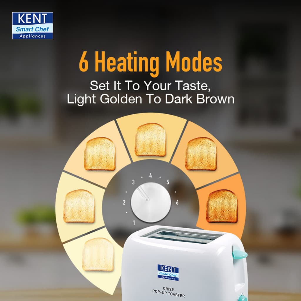 KENT Crisp Pop Up Toaster|6 Heating Modes |Auto Shut Off|Removable Bread Crumbs Tray 750 W Pop Up Toaster