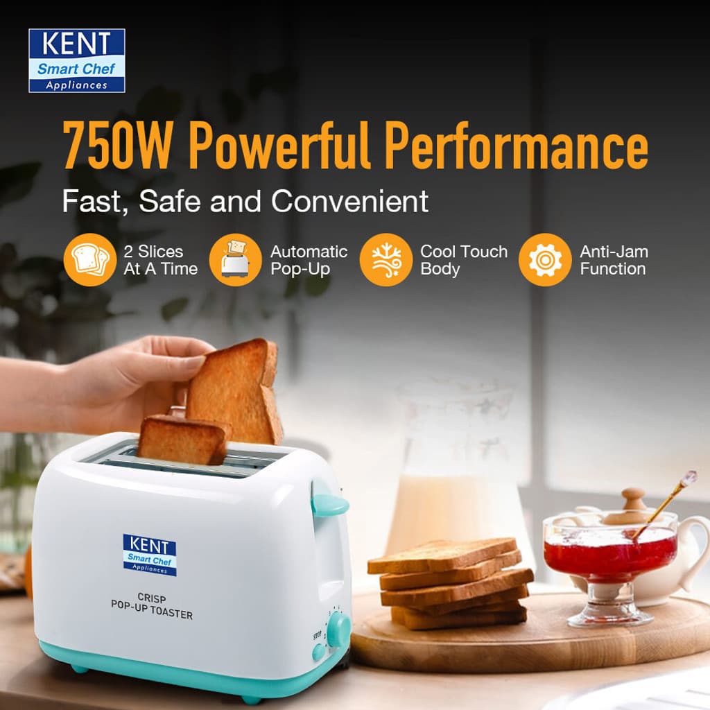 KENT Crisp Pop Up Toaster|6 Heating Modes |Auto Shut Off|Removable Bread Crumbs Tray 750 W Pop Up Toaster