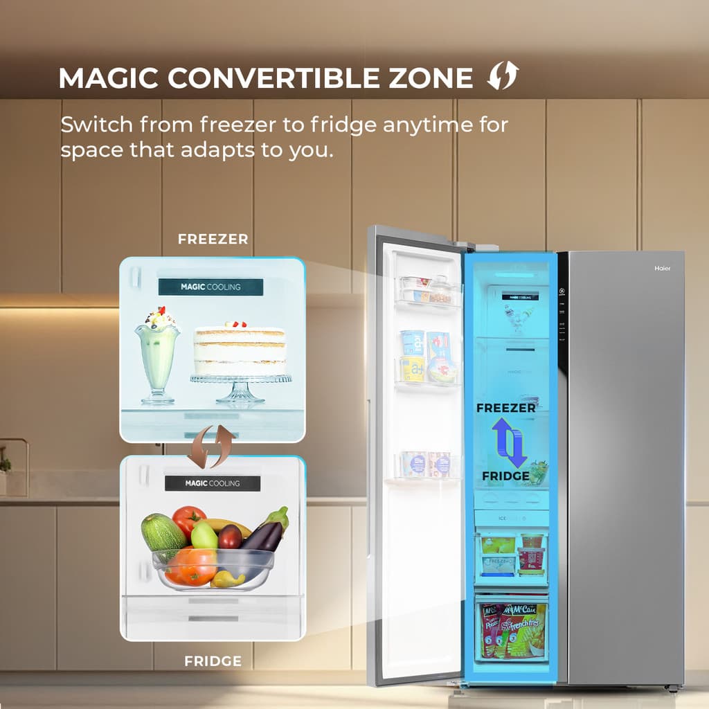 Haier 596 L Frost Free Side by Side Convertible Refrigerator with 100% Convertible Fridge SpaceDigital Control Panel360 Degree CoolingMagic Convertible ZoneExpert Inverter 2-Door