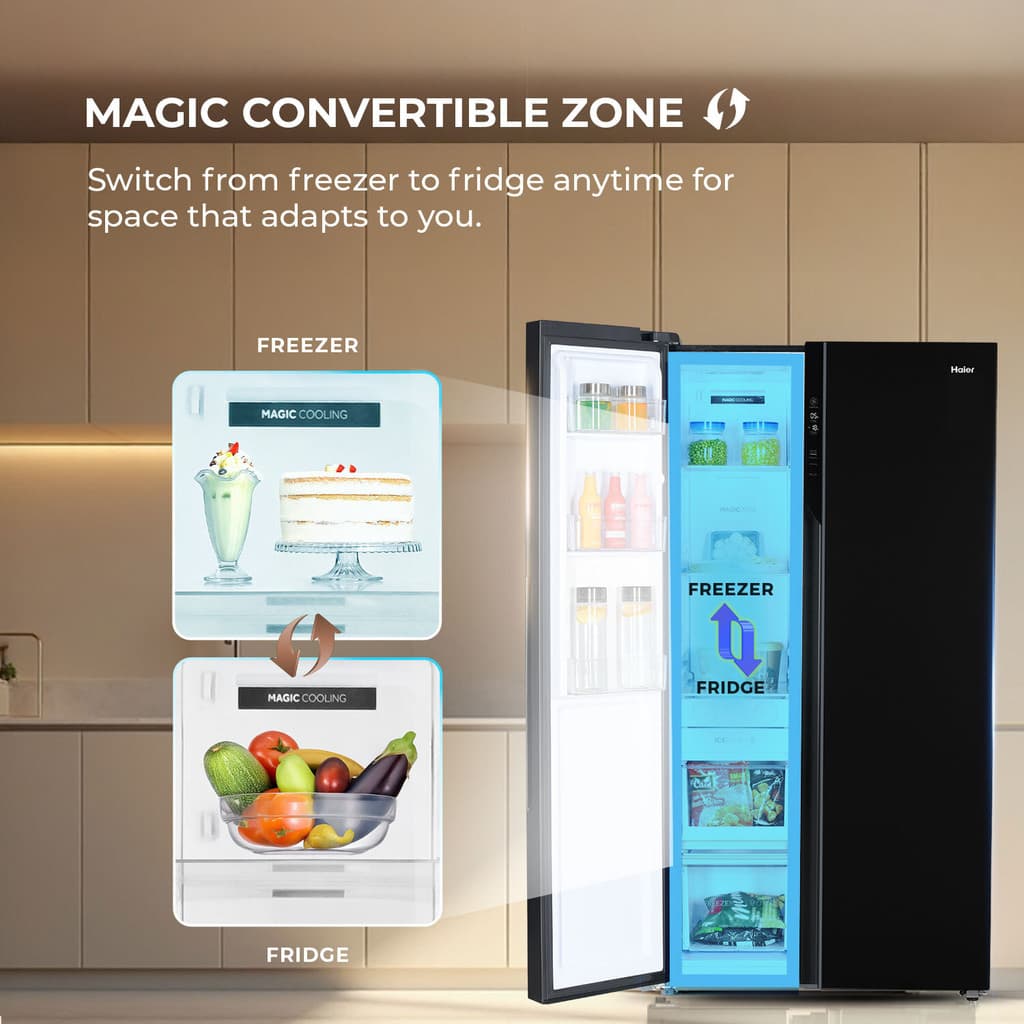 Haier 602 L Frost Free Side by Side Convertible Refrigerator with |100% Convertible|Expert Inverter|Digital Display Panel|Jumbo Ice Maker|Deo Fresh Technology