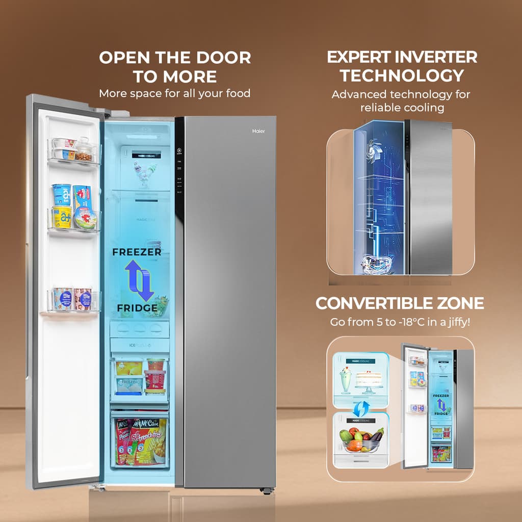 Haier 596 L Frost Free Side by Side Convertible Refrigerator with 100% Convertible Fridge SpaceDigital Control Panel360 Degree CoolingMagic Convertible ZoneExpert Inverter 2-Door