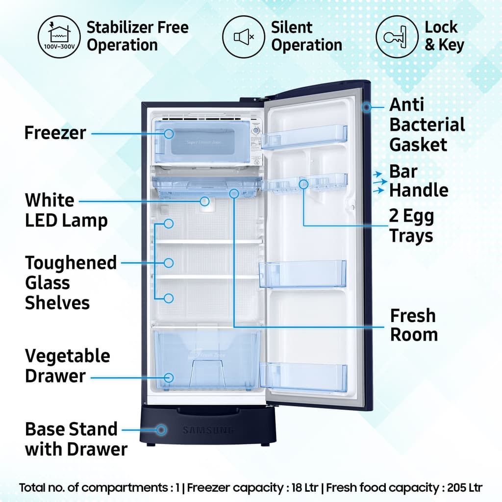 Samsung 223 L Direct Cool Single Door 3 Star Refrigerator with Base Drawer
