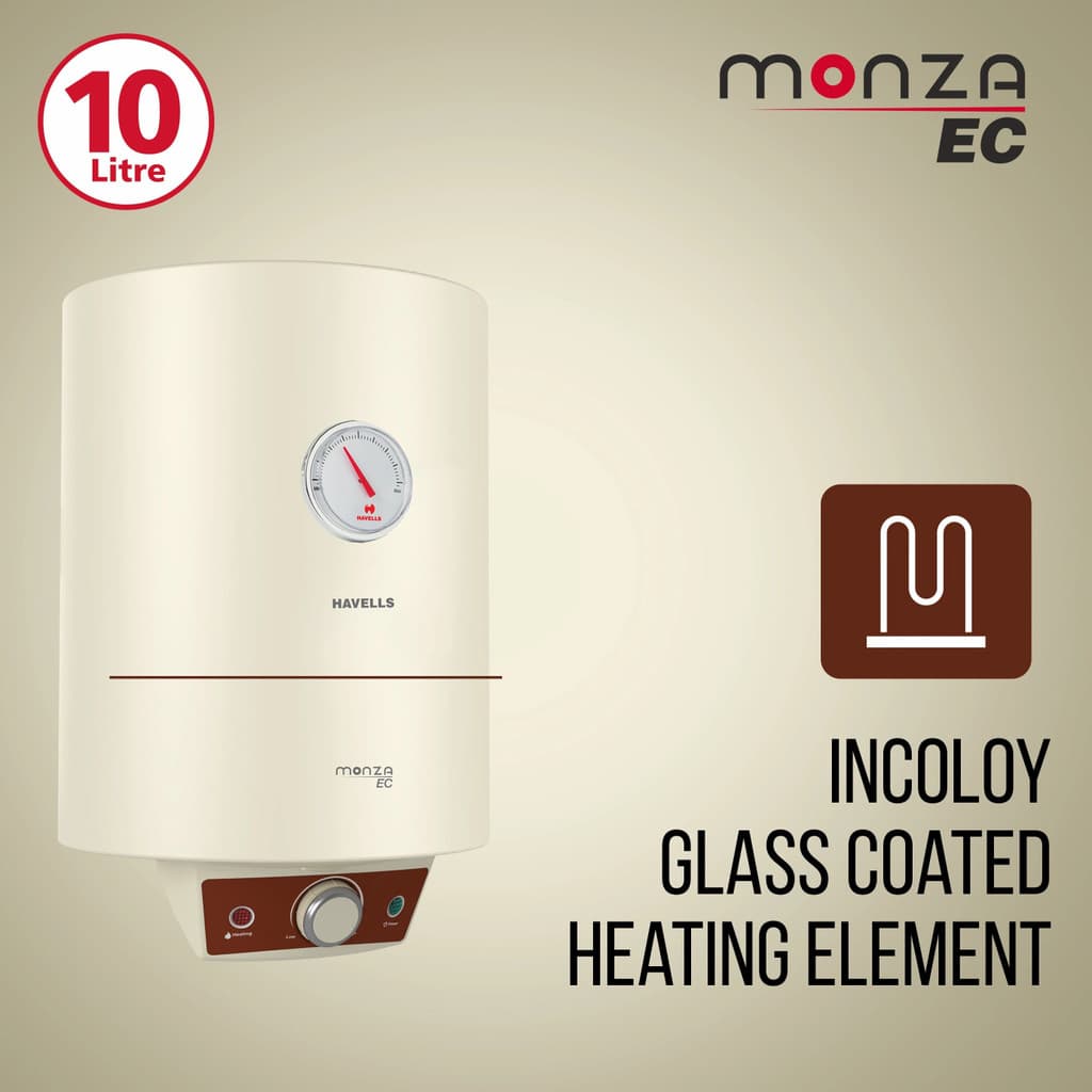 HAVELLS Monza EC 10 L Storage Water Geyser | 4 Star BEE Energy Rating | Glassline Tanked